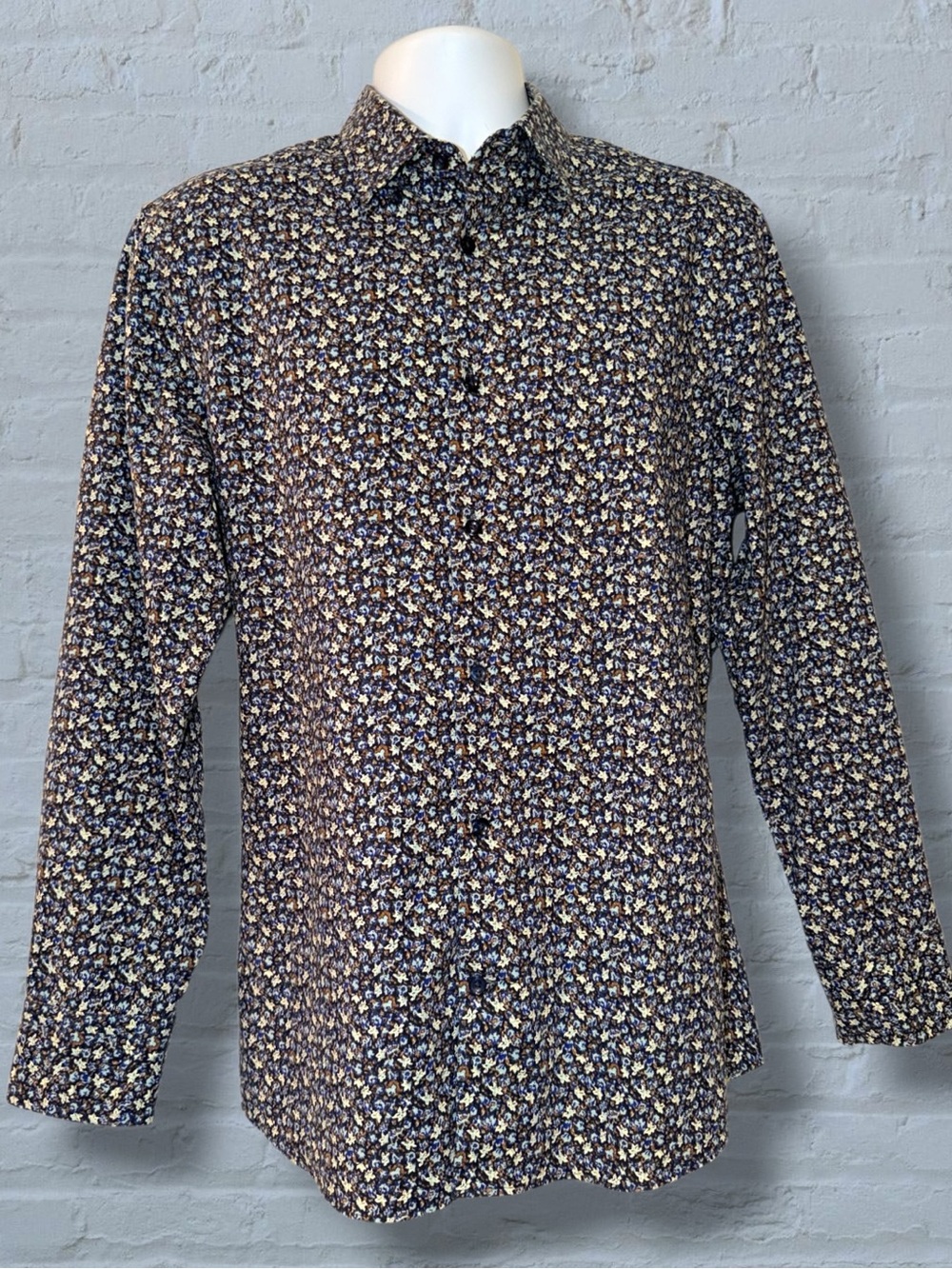 Nordstrom Tech-Smart Trim Fit Floral Print Dress Shirt Large Blue Brown